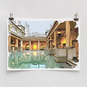 Bath Art featuring an illustration of The Roman Baths by Alice Rolfe at The Bath Art Shop