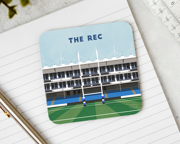 Bath Rugby Coaster featuring an illustration of The Recreation Ground