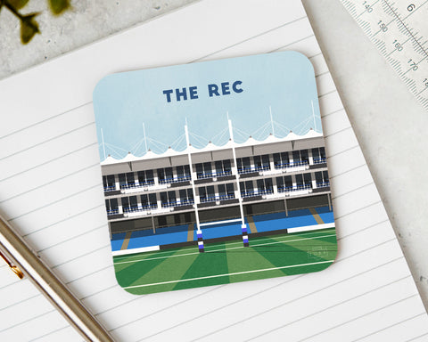 Bath Rugby Coaster featuring an illustration of The Recreation Ground
