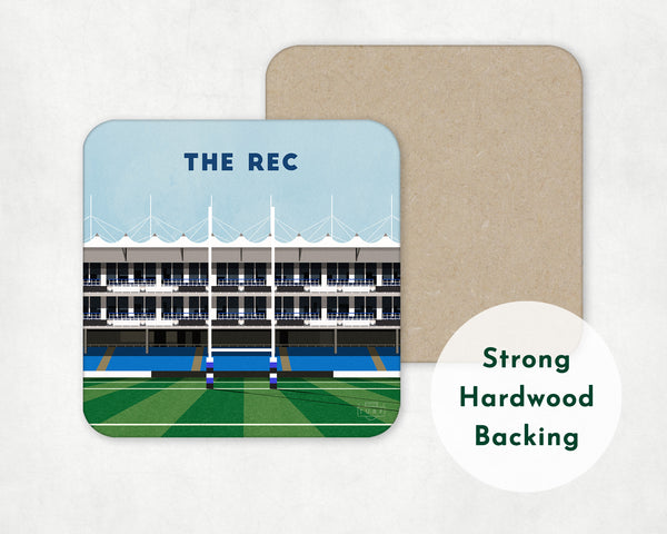 Bath Rugby Coaster featuring an illustration of The Recreation Ground