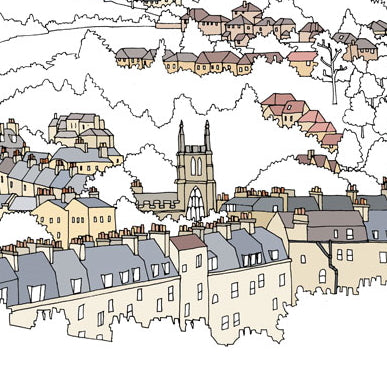 Bath Cityscape: Bath to Prior Park Panorama Illustration by Emily Ketteringham at The Bath Art Shop