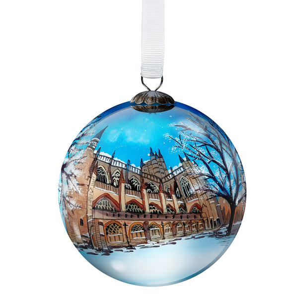 Bath Somerset Glass Bauble featuring a painting of Bath Abbey in the snow