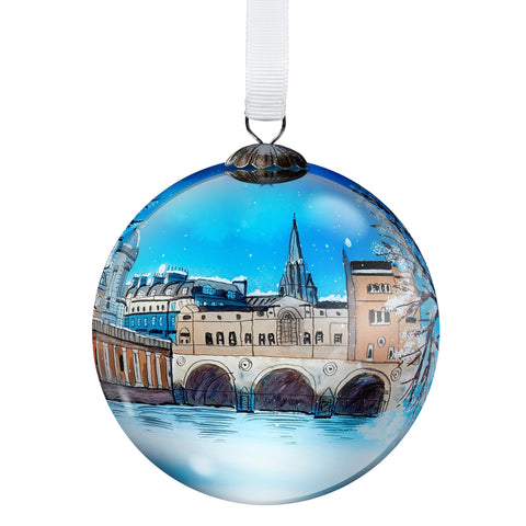 Bath Somerset Glass Bauble featuring a painting of Pulteney Bridge