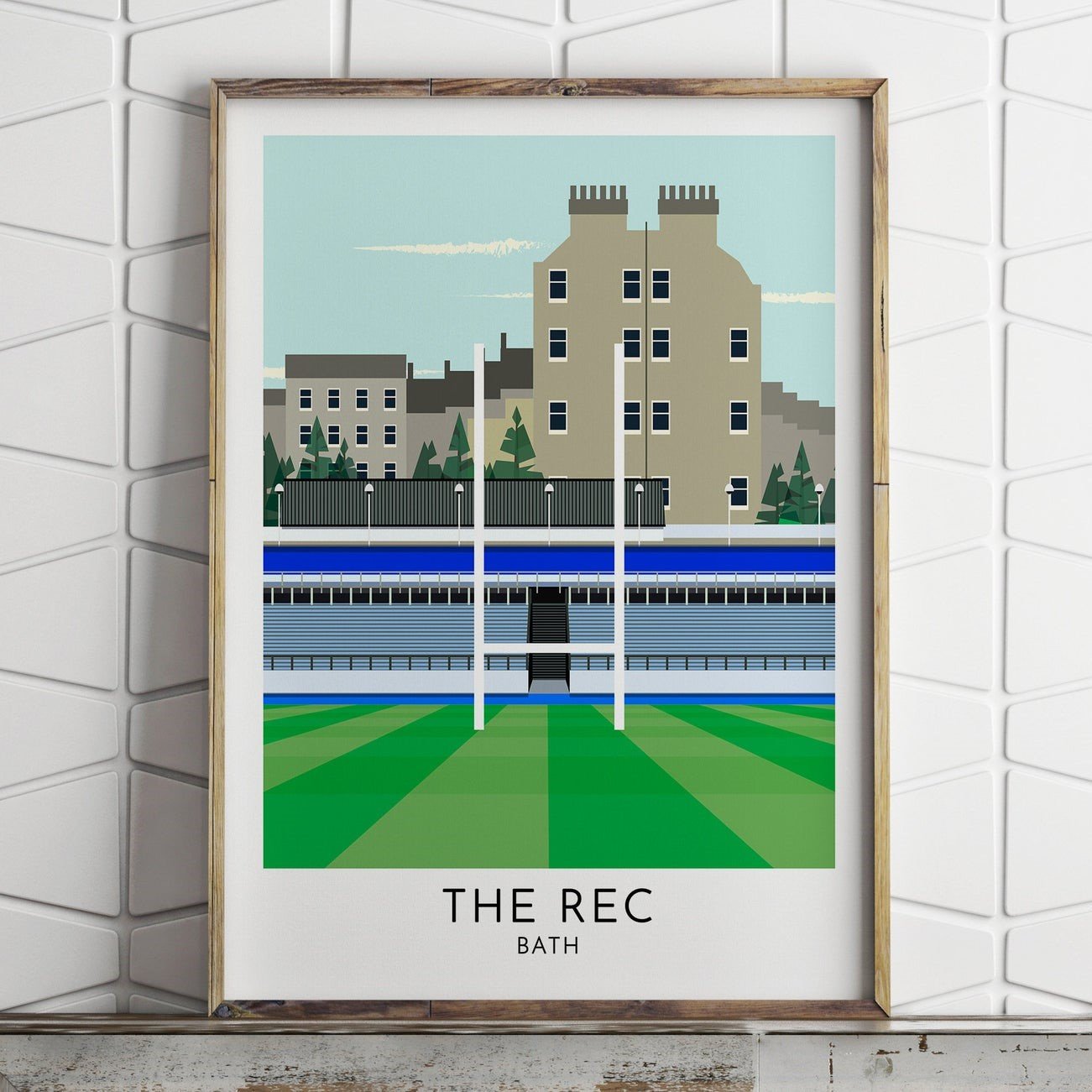 Bath Rugby Club, The Recreation Ground and Bath Abbey Print by Turf Football Art