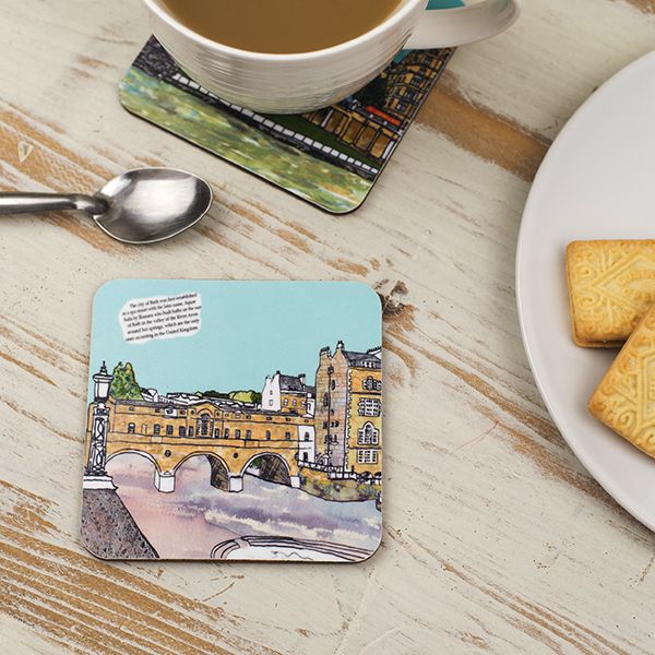 Bath Somerset coaster featuring an illustration of Pulteney Bridge by Emmeline Simpson