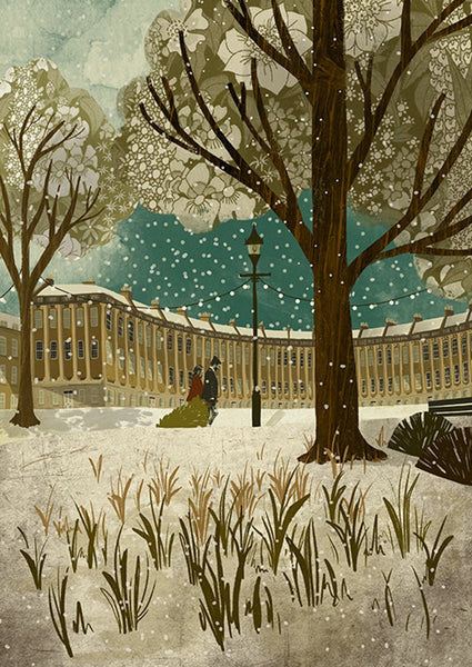Christmas Illustration on Bath Royal Crescent in snow at The Bath Art Shop